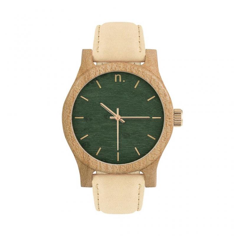 E-shop Béžovo-zelené drevené hodinky s koženým remienkom pre dámy