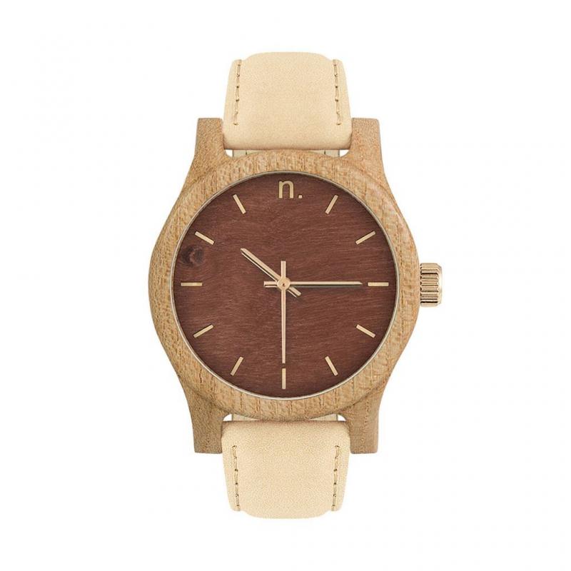 E-shop Dámske drevené hodinky s koženým remienkom v béžovo-hnedej farbe