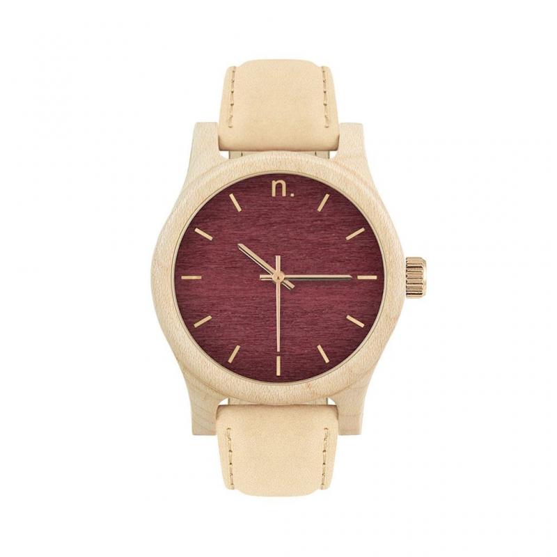 E-shop Drevené dámske hodinky béžovo-bordovej farby s koženým remienkom