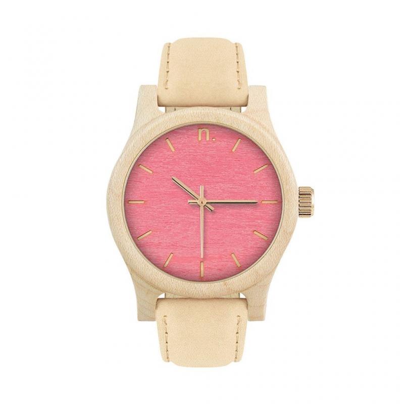 E-shop Dámske drevené hodinky s koženým remienkom v béžovo-ružovej farbe