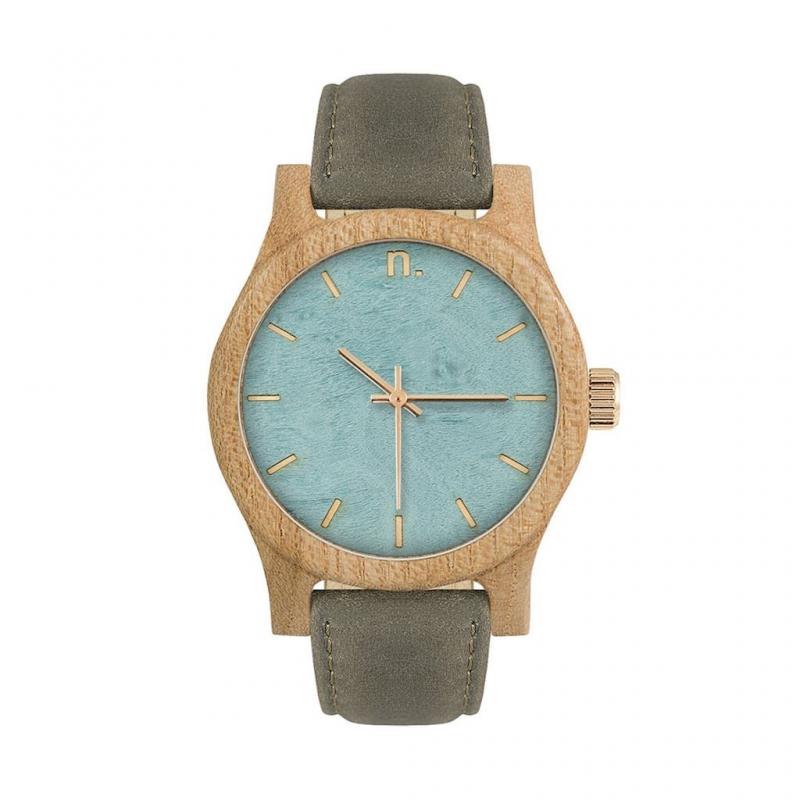 E-shop Dámske drevené hodinky s koženým remienkom v sivo-modrej farbe