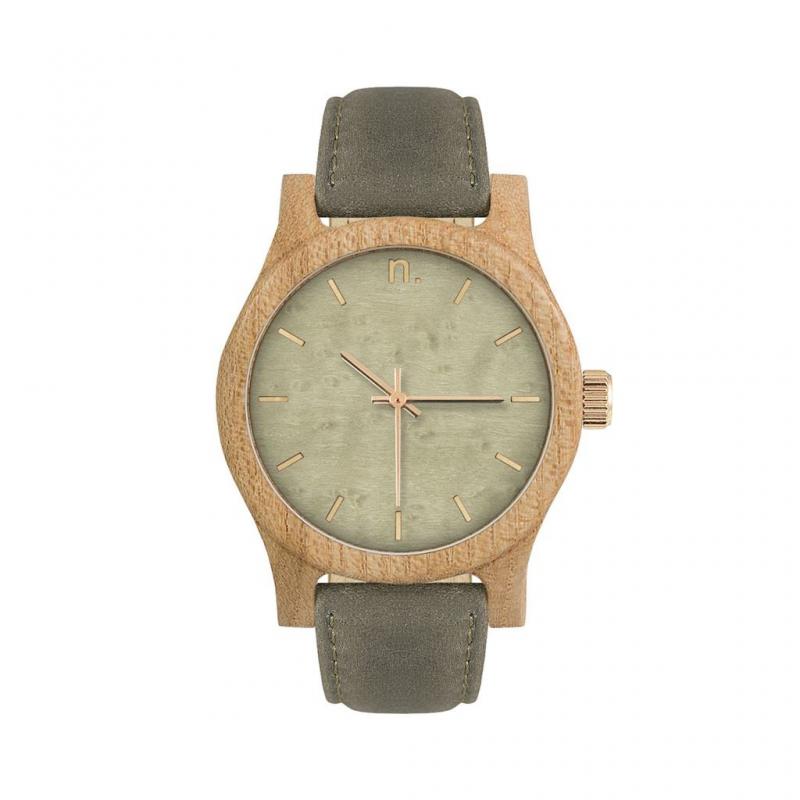 E-shop Sivo-olivové drevené hodinky s koženým remienkom pre dámy