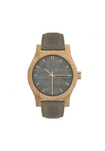 Sivo-olivové drevené hodinky s koženým remienkom pre dámy
