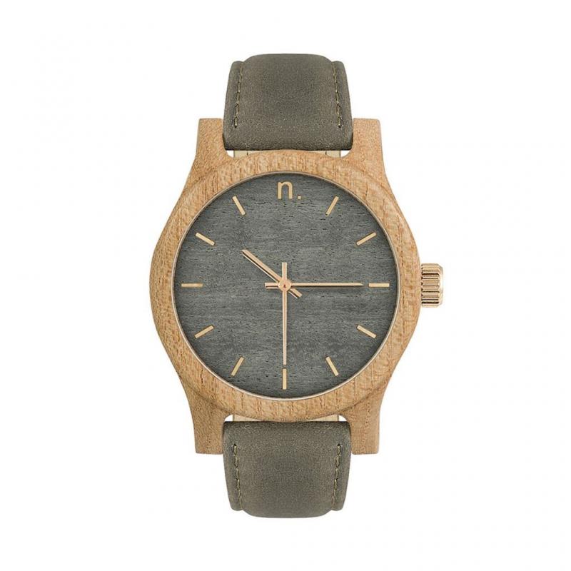 Sivo-olivové drevené hodinky s koženým remienkom pre dámy