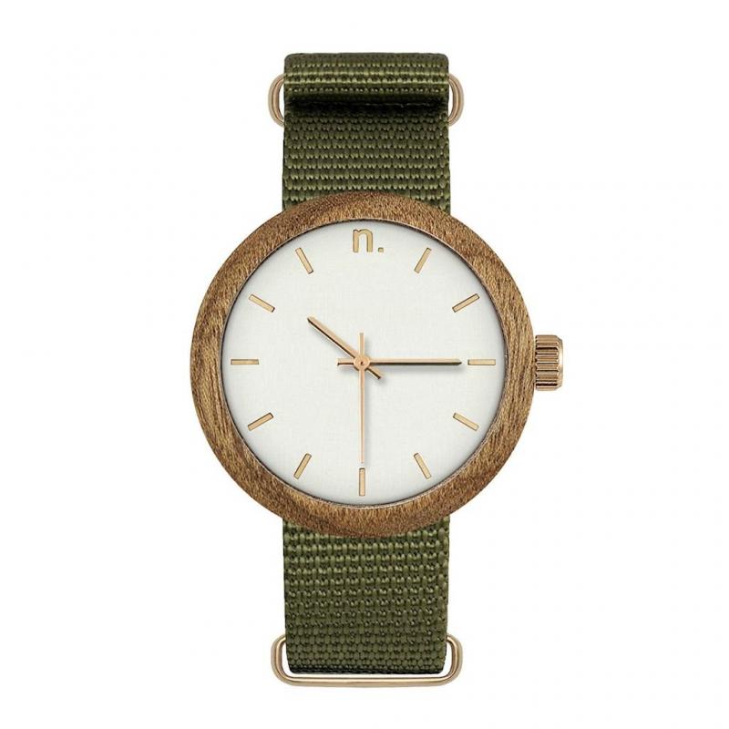 E-shop Dámske drevené hodinky s textilným remienkom v zeleno-bielej farbe