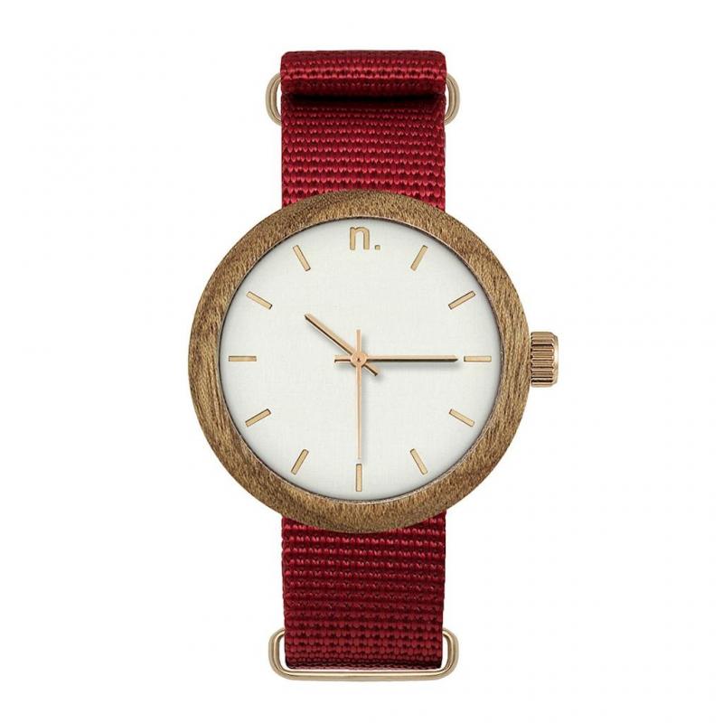 E-shop Červeno-biele drevené hodinky s textilným remienkom pre dámy