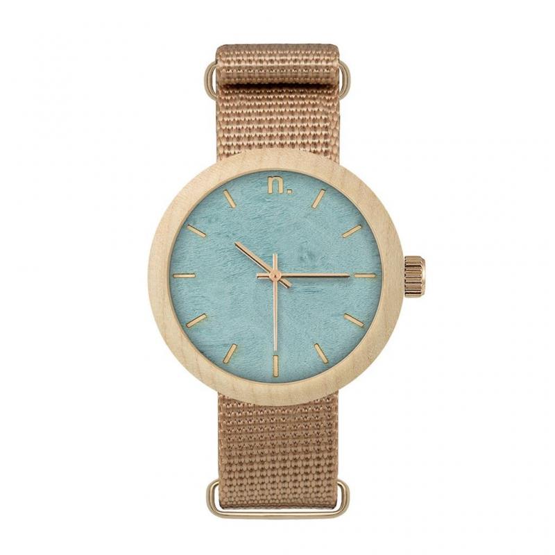 E-shop Béžovo-modré drevené hodinky s textilným remienkom pre dámy