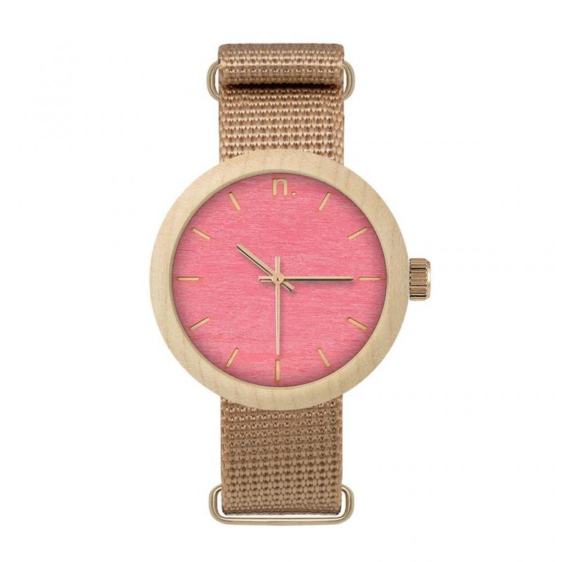 E-shop Drevené dámske hodinky béžovo-ružovej farby s textilným remienkom