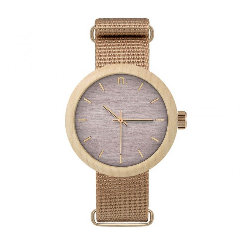 E-shop Dámske drevené hodinky s textilným remienkom v béžovo-fialovej farbe