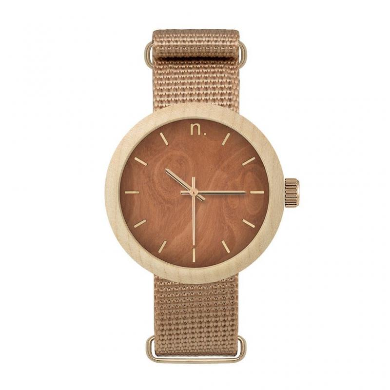 E-shop Béžovo-hnedé drevené hodinky s textilným remienkom pre dámy