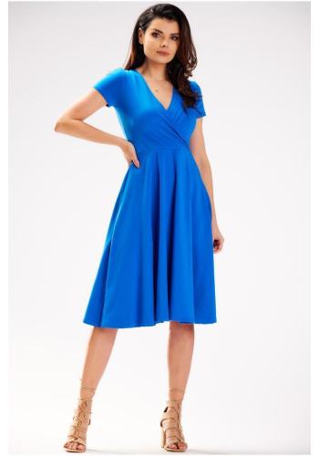 Dámske modré midi šaty s obálkovým výstrihom