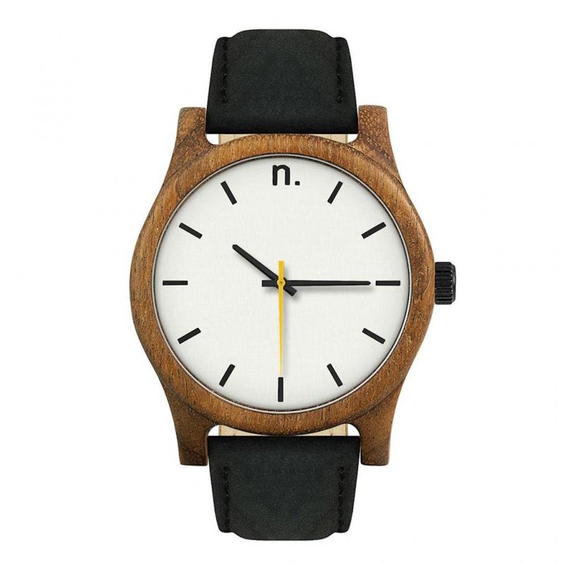 E-shop Čierno-biele drevené hodinky s koženým remienkom pre pánov