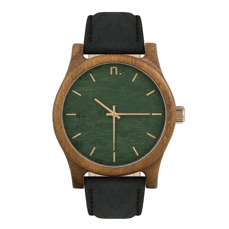 E-shop Čierno-zelené drevené hodinky s koženým remienkom pre pánov