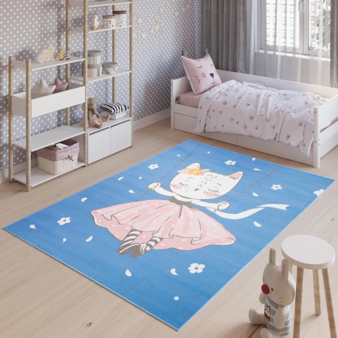 E-shop Modrý detský koberec s mačičkou