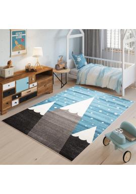 Modrý detský koberec s motívom hôr