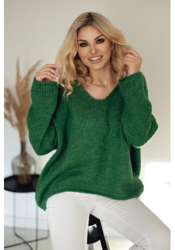 Štýlový zelený sveter s V výstrihom pre dámy vo výpredaji