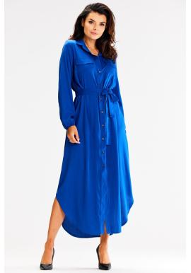 Modré košeľové maxi šaty s opaskom