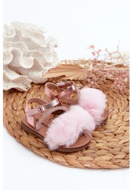 Dievčenské sandále s kožušinou ružovej farby