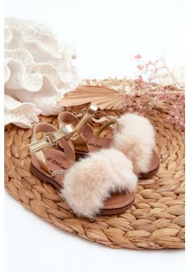 Zlaté dievčenské sandále s kožušinou
