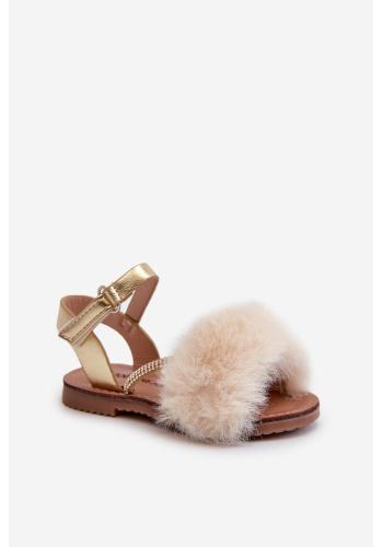 Zlaté dievčenské sandále s kožušinou
