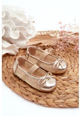 Dievčenské baleríny s mašľou v zlatej farbe