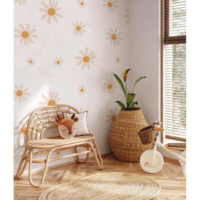 Biela tapeta na stenu s motívom sedmokrásky