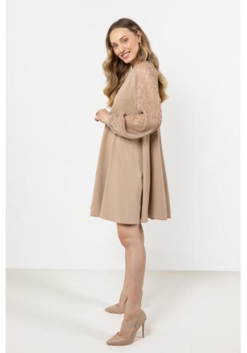 Dámske béžové šaty s tylovými rukávmi