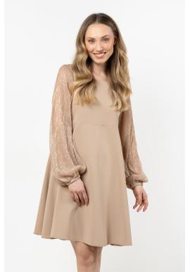 Dámske béžové šaty s tylovými rukávmi