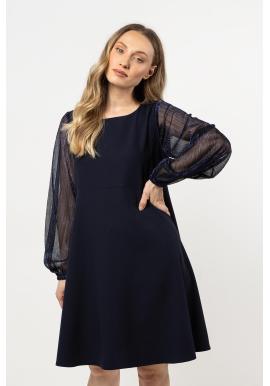 Tmavomodré dámske šaty s tylovými rukávmi
