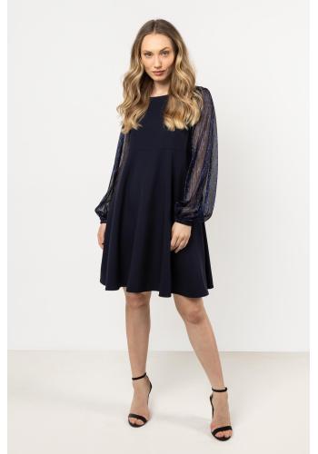 Tmavomodré dámske šaty s tylovými rukávmi