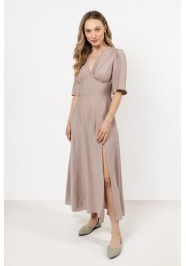 Dámske rozšírené béžové šaty s véčkovým výstrihom