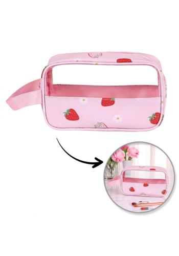 Ružová kozmetická taška s jahodami - S