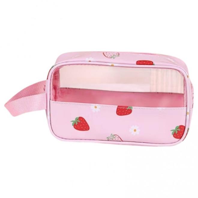 Ružová kozmetická taška s jahodami - S