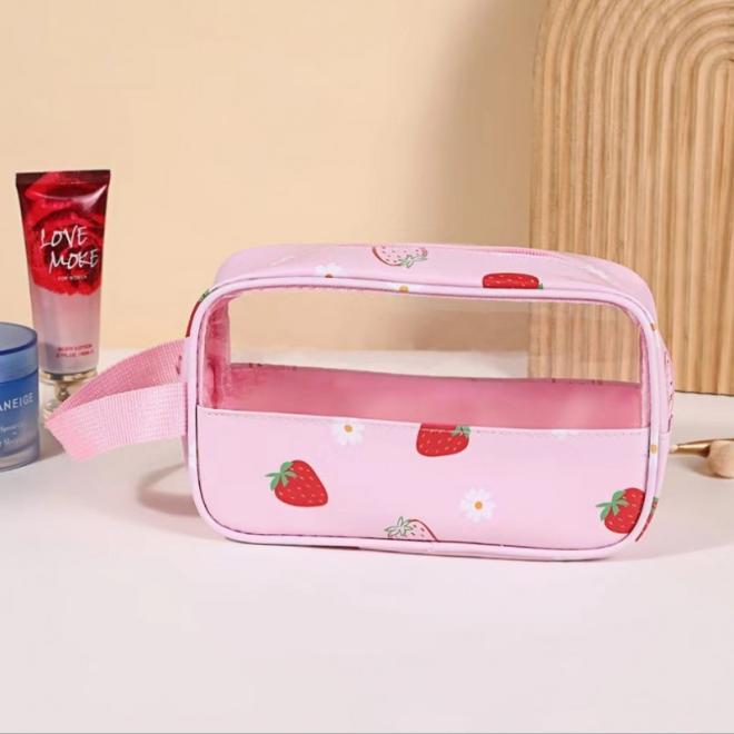Ružová kozmetická taška s jahodami - S