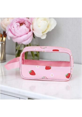 Ružová kozmetická taška s jahodami - S