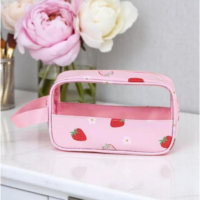 Ružová kozmetická taška s jahodami - S