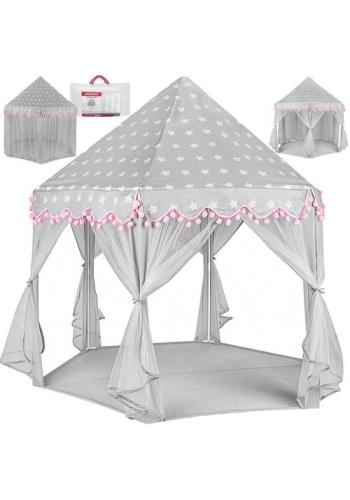 Sivo-ružový detský stan s potlačou hviezd v akcii