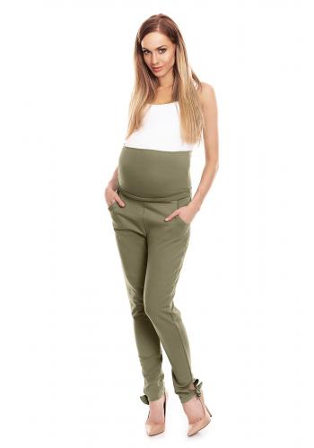 Tehotenské nohavice so zvýšeným pásom a mašľou v kaki farbe