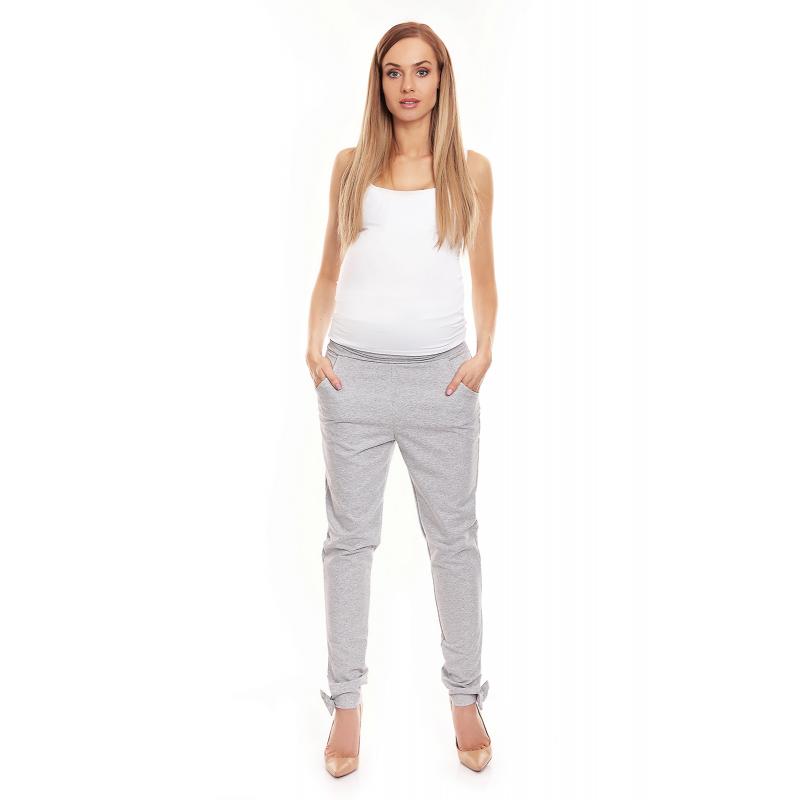 E-shop Svetlosivé nohavice so zvýšeným pásom a mašľou pre tehotné