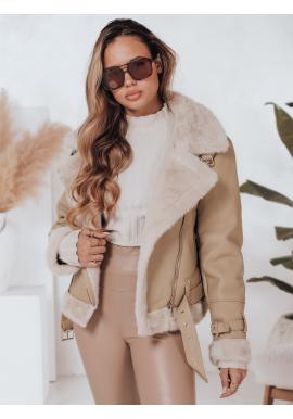 Béžová kožená dámska bunda s kožušinou TY4993