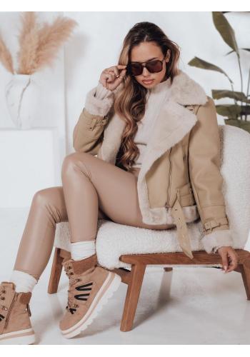 Béžová kožená dámska bunda s kožušinou TY4993