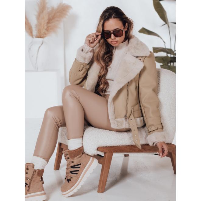Béžová kožená dámska bunda s kožušinou TY4993