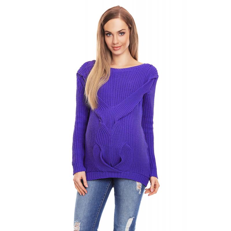 E-shop Fialový predlžený sveter s vrkočom vpredu pre tehotné