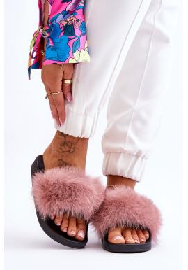 Ružové šľapky s kožušinou pre dámy