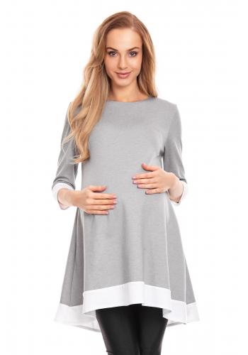 Tehotenské mini asymetrické šaty s lemom v sivej farbe