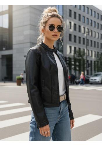 Čierna dámska kožená bunda so stojačikom TY5568