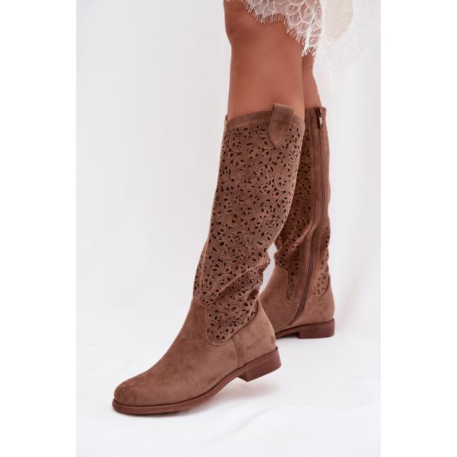 Béžové ažúrové dámske čižmy