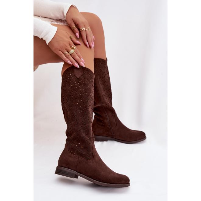 Ažúrové hnedé dámske čižmy