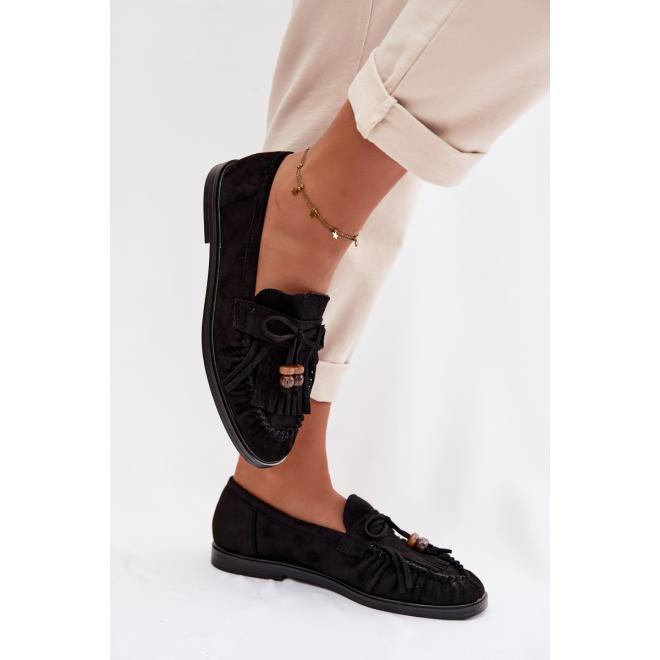Dámske čierne mokasíny so strapcami