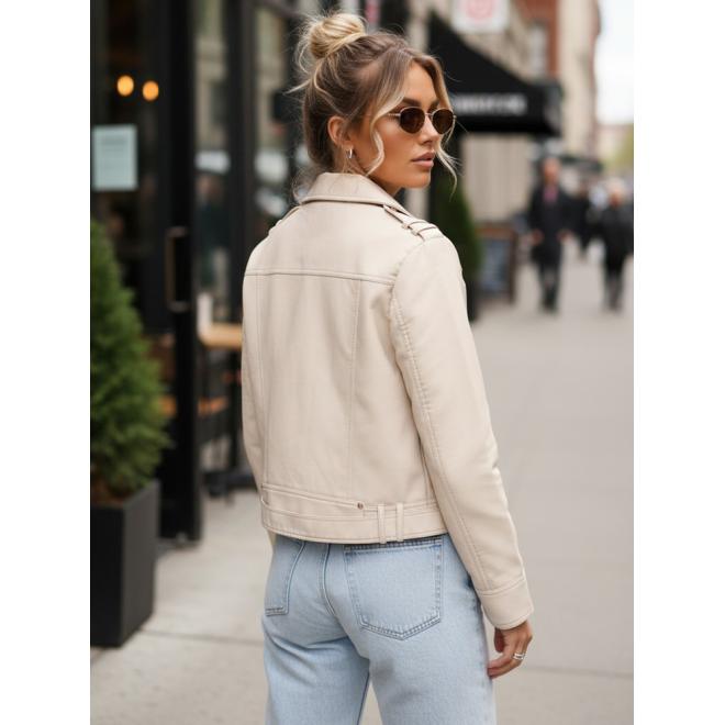 Dámska béžová kožená bunda s opaskom TY5643